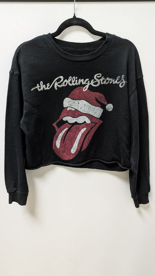 The Rolling Stones Black Faded Graphic Cropped Sweatshirt