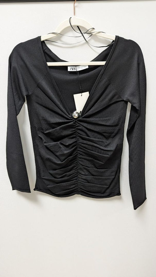 Zara Black/Silver Ruched Metal Ball Neckline Blouse