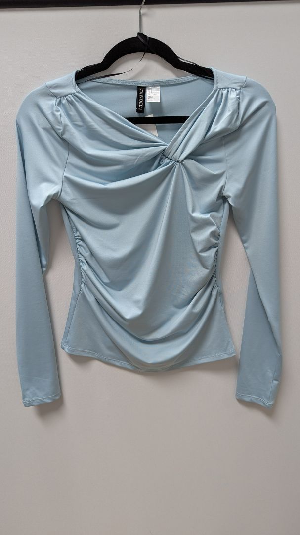 Divided H&M Light Blue Knot Neckline Ruched Blouse