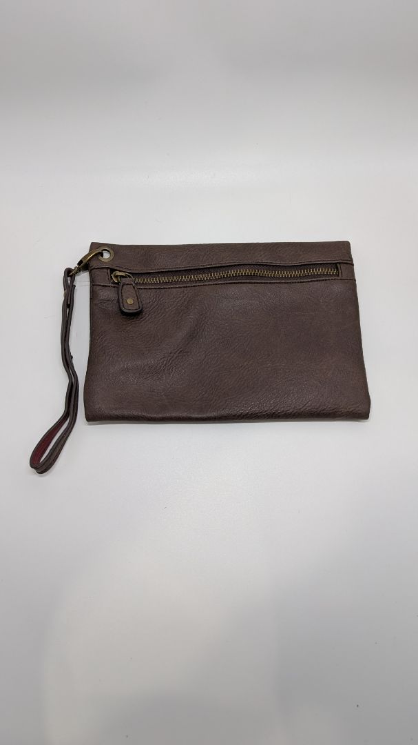 Brown Faux-Leather Zippered Pouch with Wrist Strap