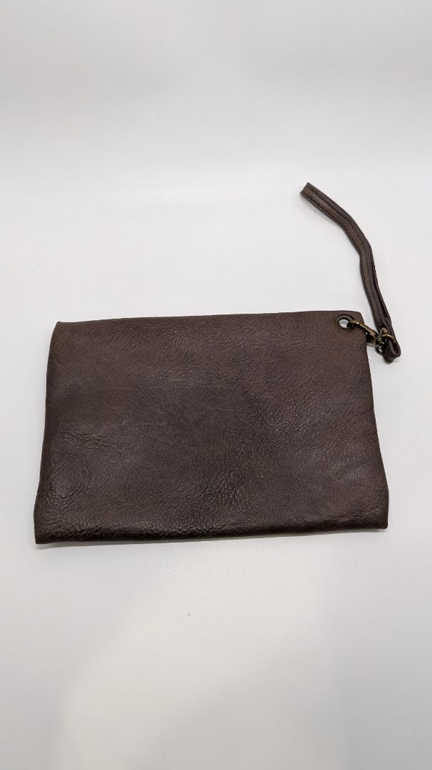 Brown Faux-Leather Zippered Pouch with Wrist Strap