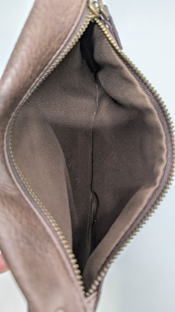 Brown Faux-Leather Zippered Pouch with Wrist Strap