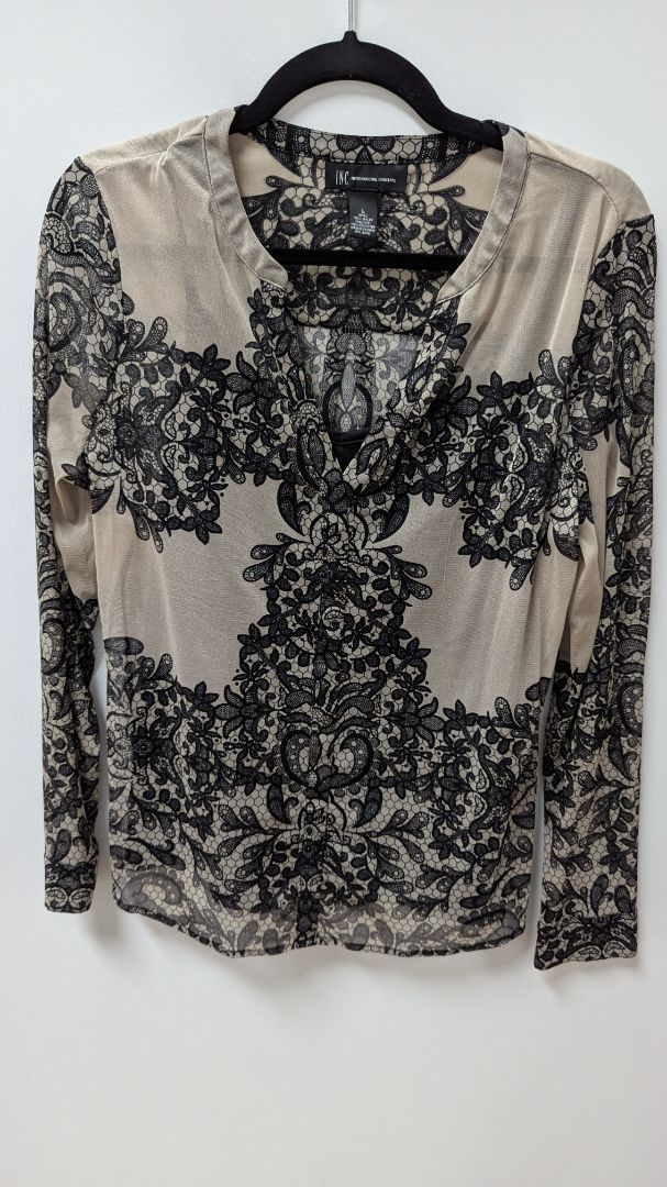 INC Taupe/Black Lace-Print Mesh Layered Blouse