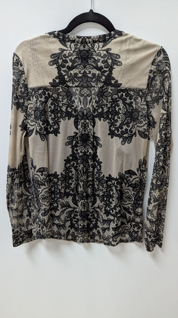 INC Taupe/Black Lace-Print Mesh Layered Blouse