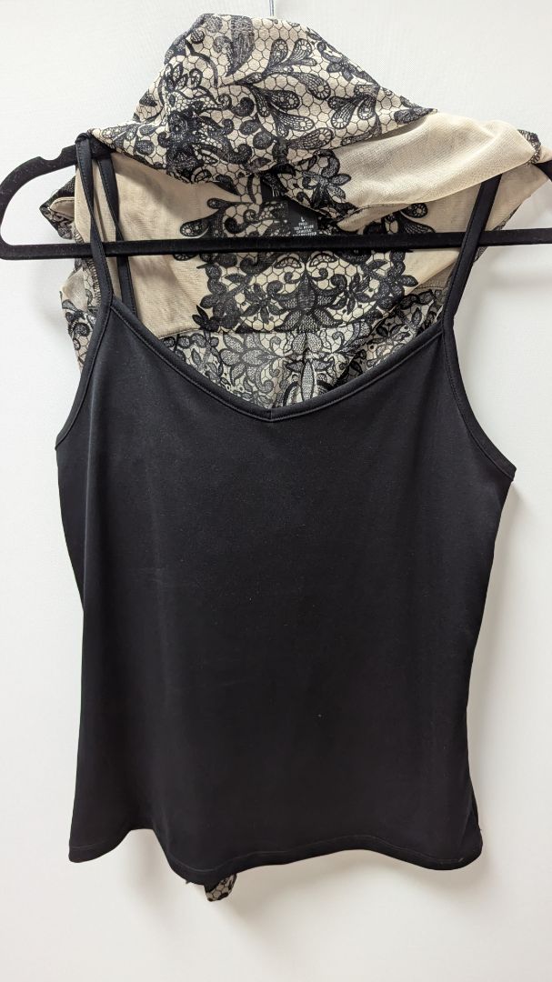 INC Taupe/Black Lace-Print Mesh Layered Blouse