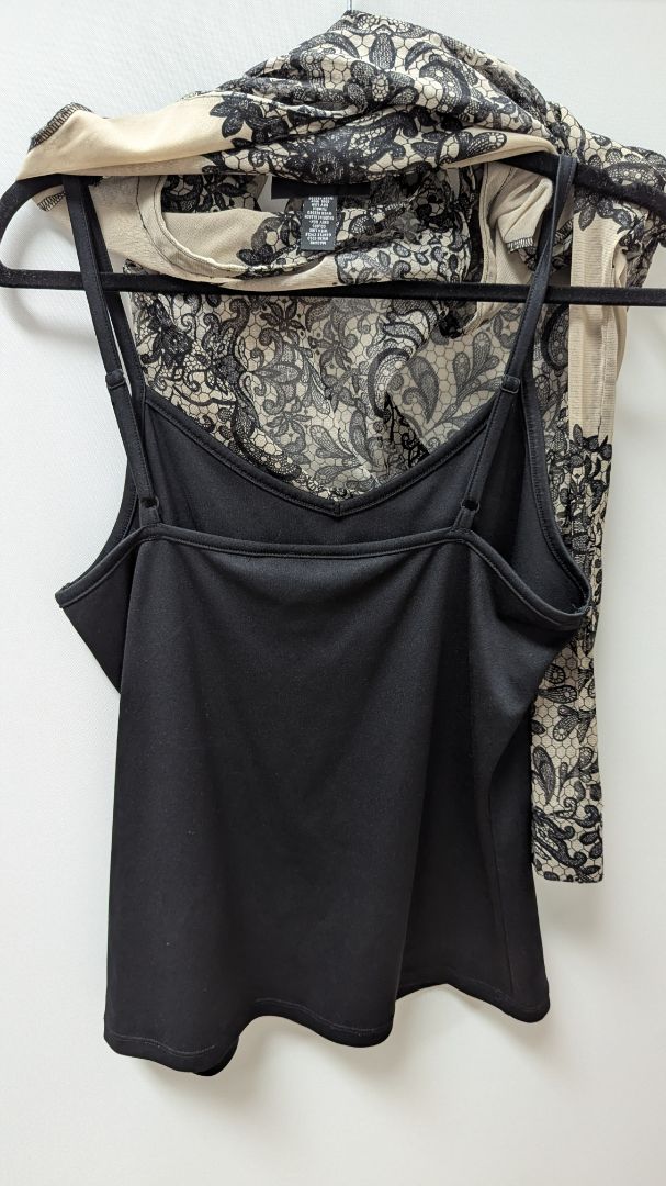 INC Taupe/Black Lace-Print Mesh Layered Blouse