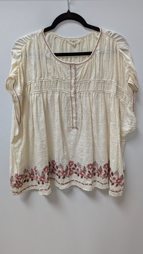 Max Studio London Cream Half-Button-Down Peasant Blouse