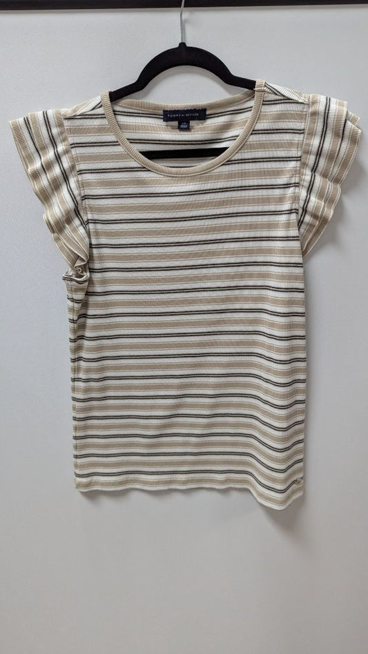 Tommy Hilfiger Tan/White Striped Ruffled Sleeve Tee
