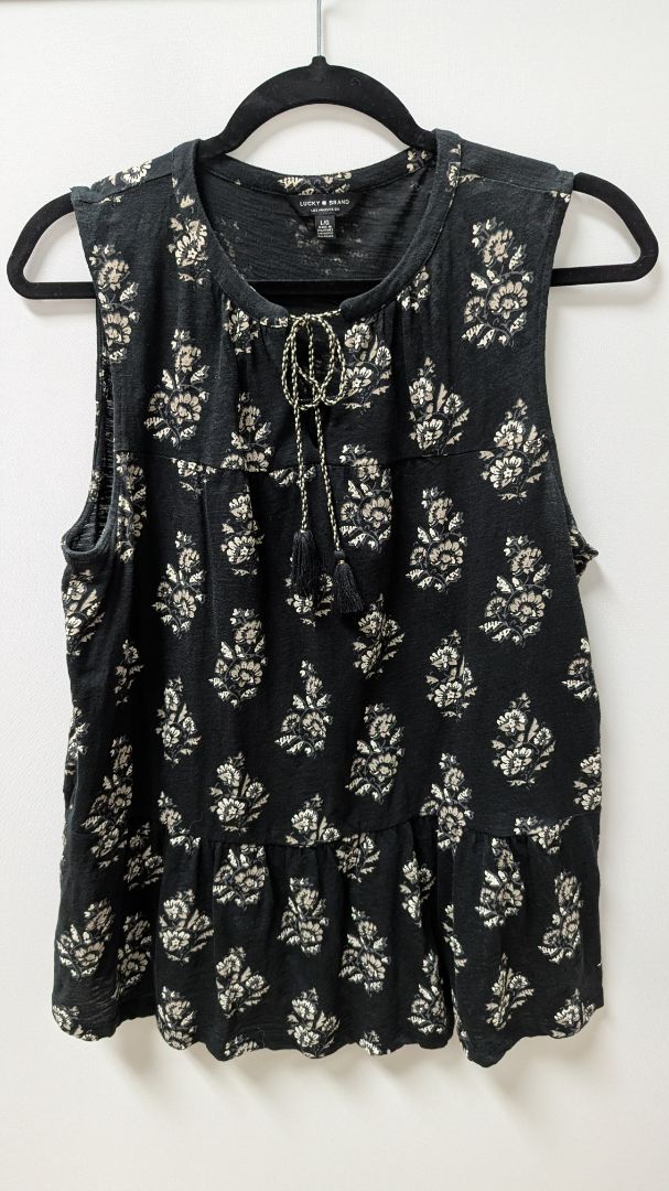 Lucky Brand Black/Cream Floral Sleeveless Peasant Blouse