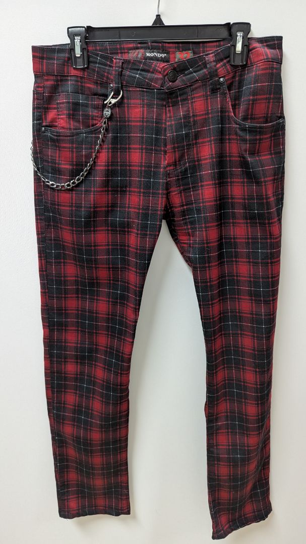 MONDO Men's Red/Black Plaid Slim Leg Pants with Chain