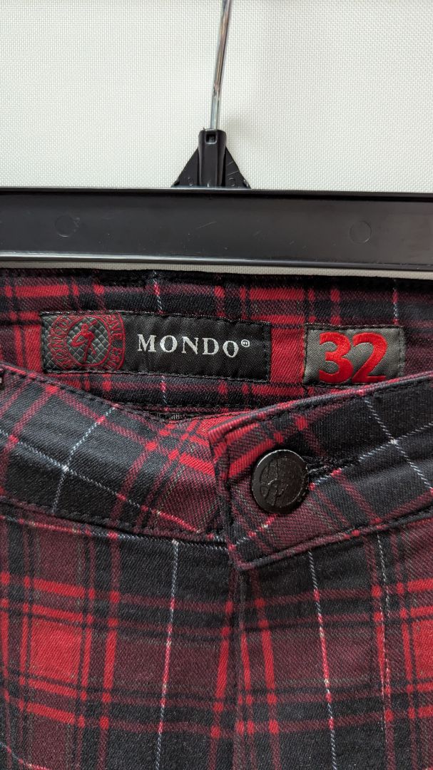 MONDO Men's Red/Black Plaid Slim Leg Pants with Chain