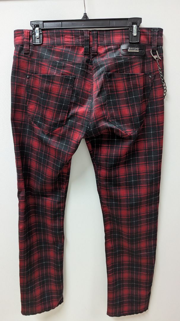 MONDO Men's Red/Black Plaid Slim Leg Pants with Chain