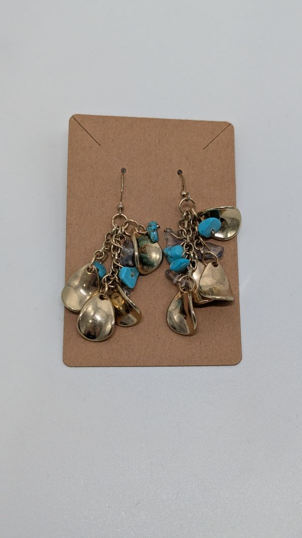 Vintage Gold-Tone Turquoise Stone Chips Dangle Fish Hook Earrings