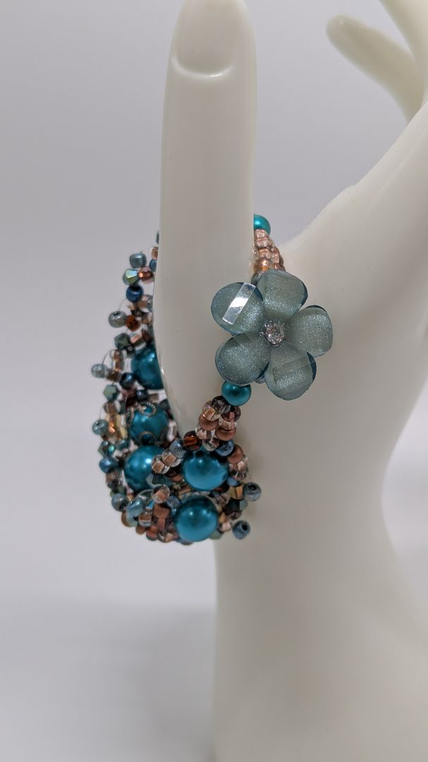 Blue/Brown Beaded Button-Clasp Bracelet