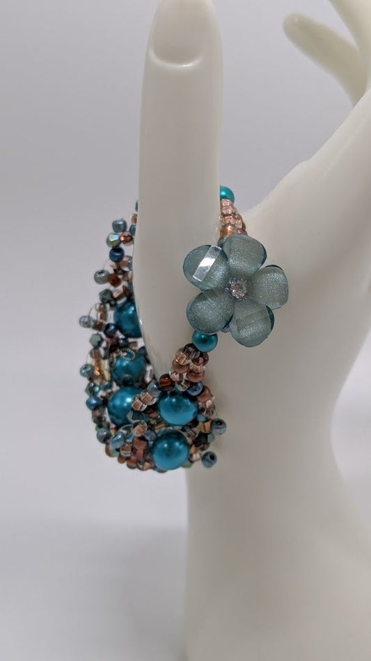 Blue/Brown Beaded Button-Clasp Bracelet