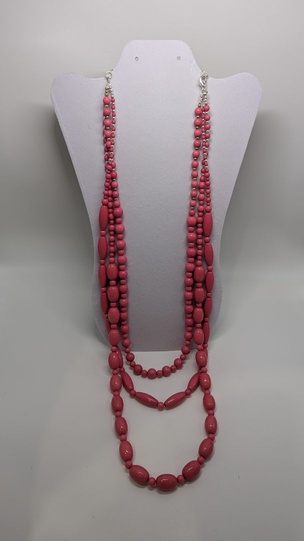 Vintage Hot Pink 3-Strand Beaded Longline Necklace