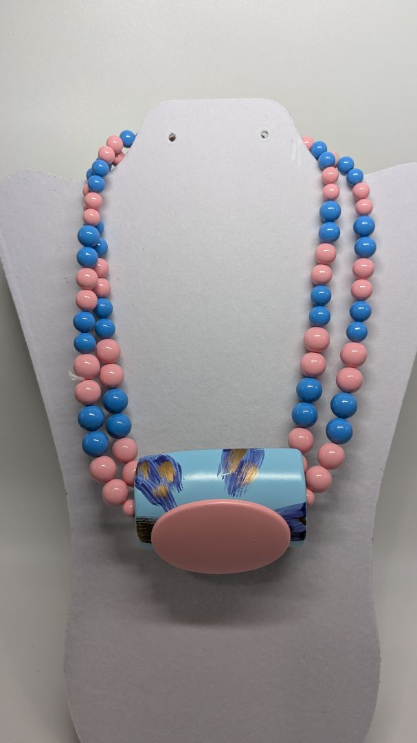 Vintage Pink/Blue Beaded Oval Statement Necklace