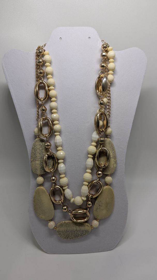 Vintage Gold/Cream 3-Strands Mixed Material Statement Necklace
