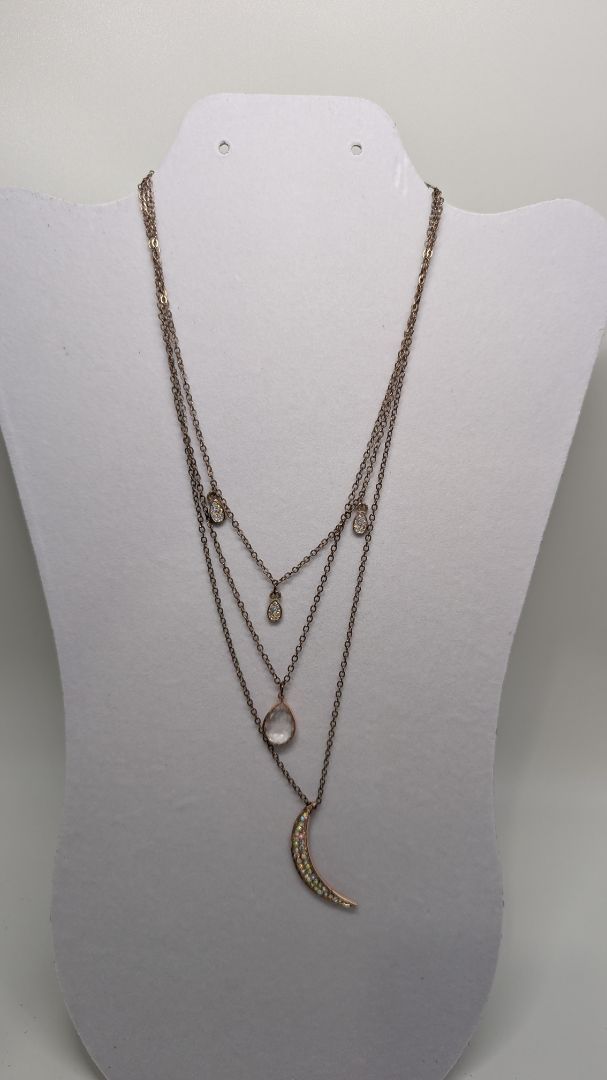 Vintage Light Gold 3-Strand Rhinestone Moon Tiered Necklace