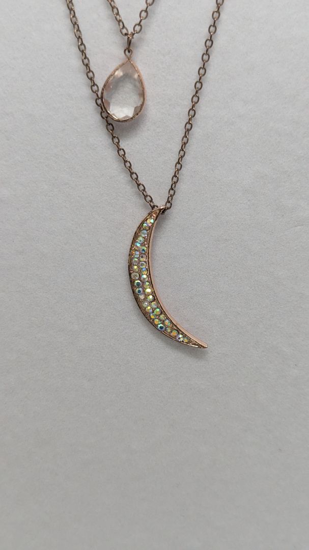 Vintage Light Gold 3-Strand Rhinestone Moon Tiered Necklace