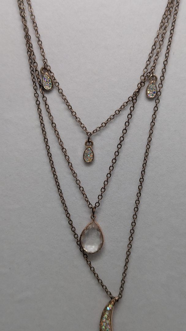 Vintage Light Gold 3-Strand Rhinestone Moon Tiered Necklace
