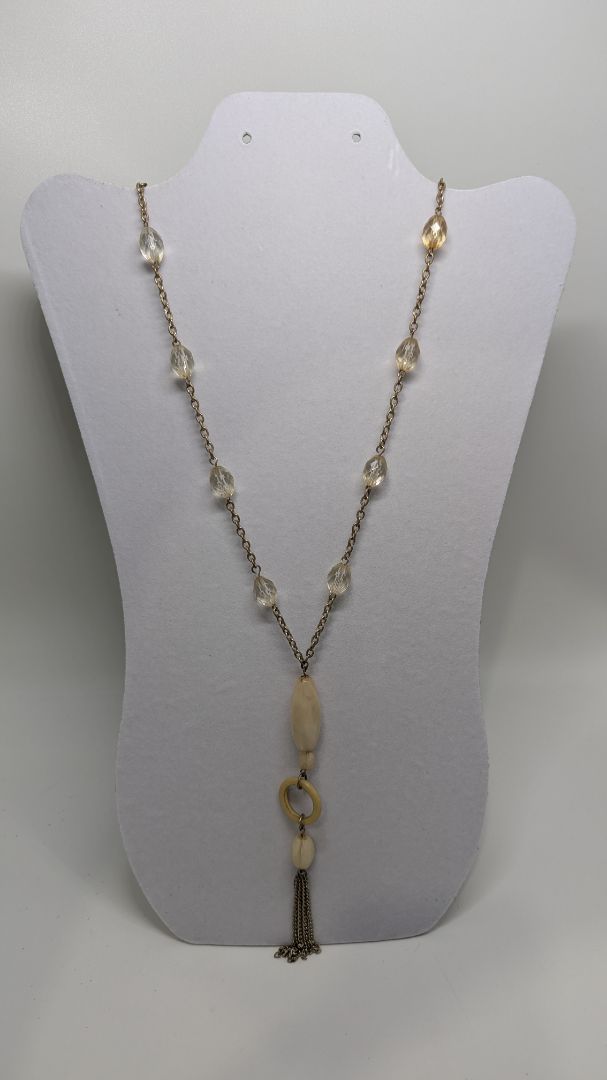 Vintage Gold/Tan Beaded Chain Tassel Longline Necklace