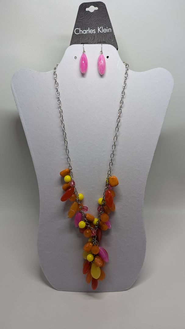 Charles Klein Silver/Pink/Orange Beaded Statement Necklace & Earrings Jewelry Set