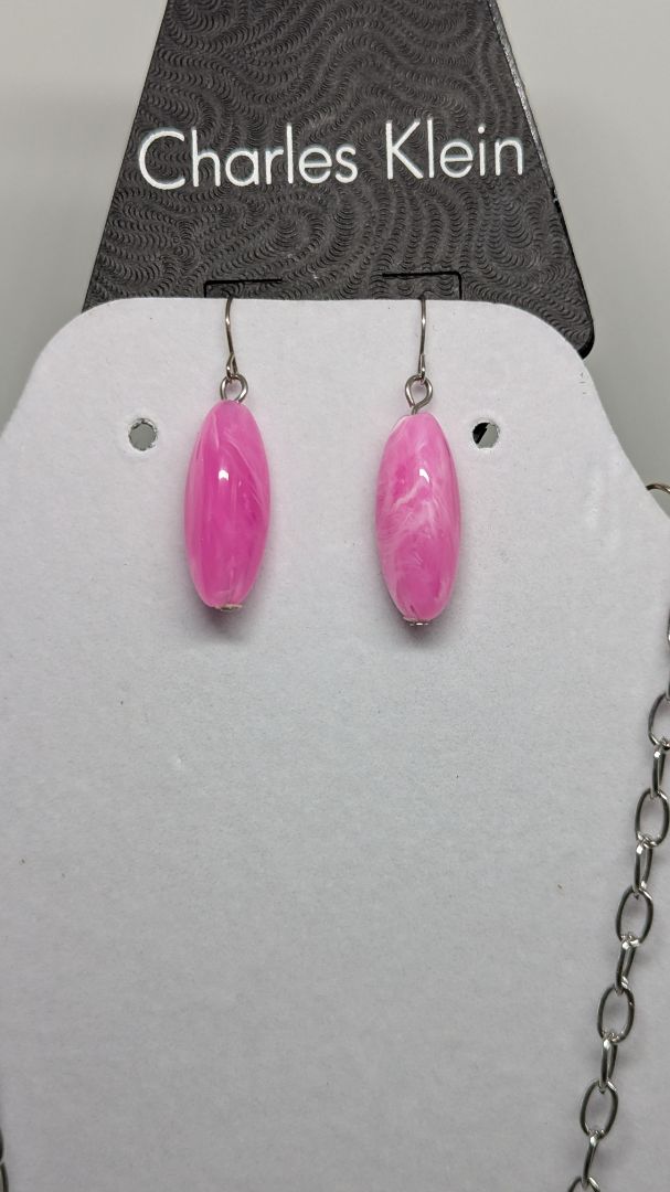 Charles Klein Silver/Pink/Orange Beaded Statement Necklace & Earrings Jewelry Set