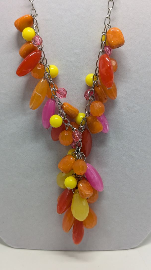 Charles Klein Silver/Pink/Orange Beaded Statement Necklace & Earrings Jewelry Set