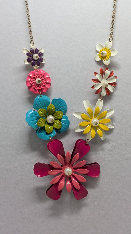 Vintage Gold/Multicolor Tin Metal Flowers Statement Necklace
