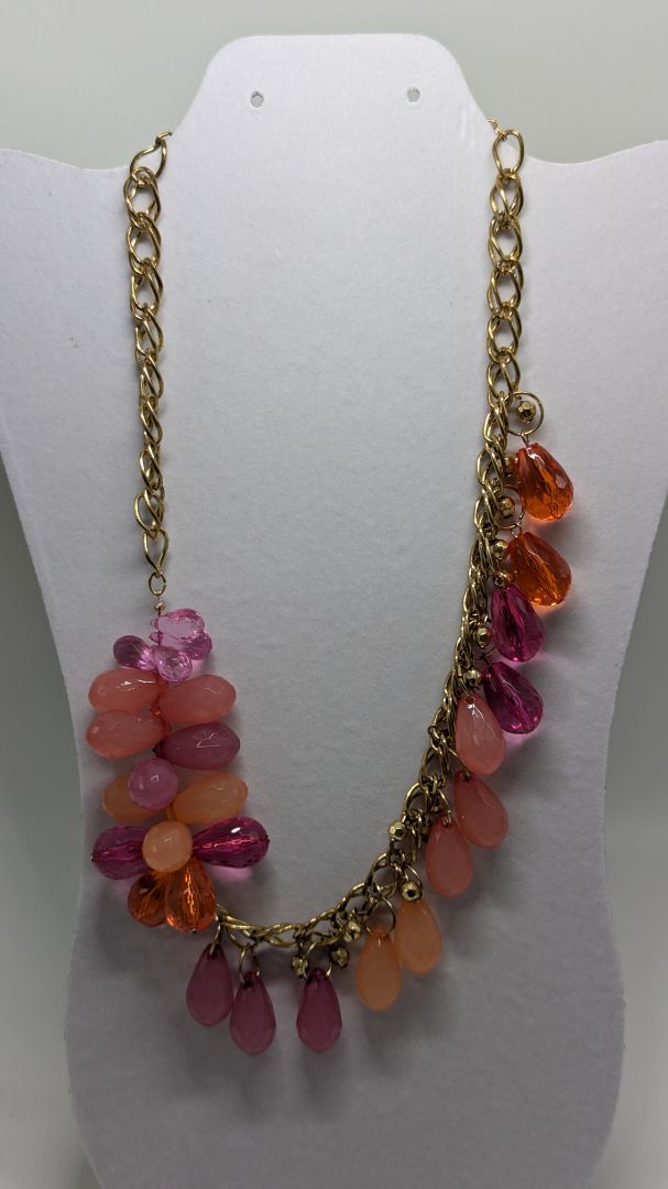 Gold/Pink Faceted Drop Beaded Chain Statement Necklace
