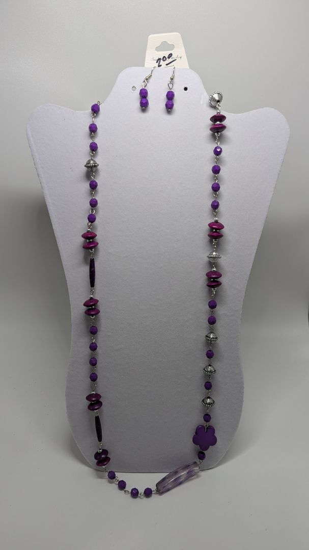 Fashion Jewelry Silver/Purple Beaded Necklace & Earrings Jewelry Set