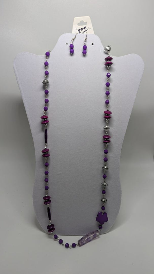 Fashion Jewelry Silver/Purple Beaded Necklace & Earrings Jewelry Set