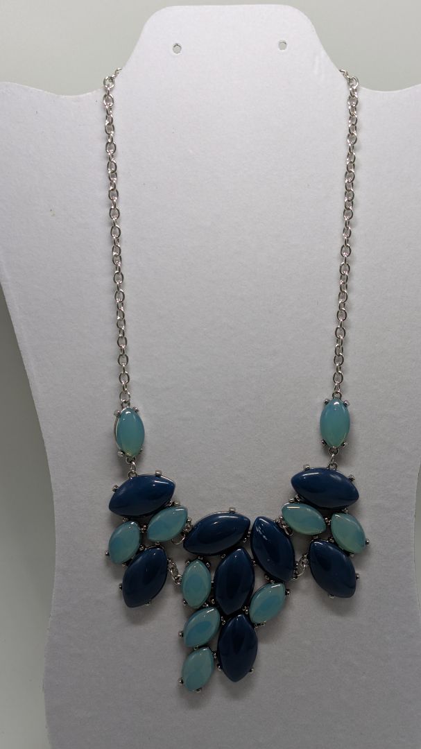 Vintage Silver/Blue Faux-Crystal Almond Statement Necklace