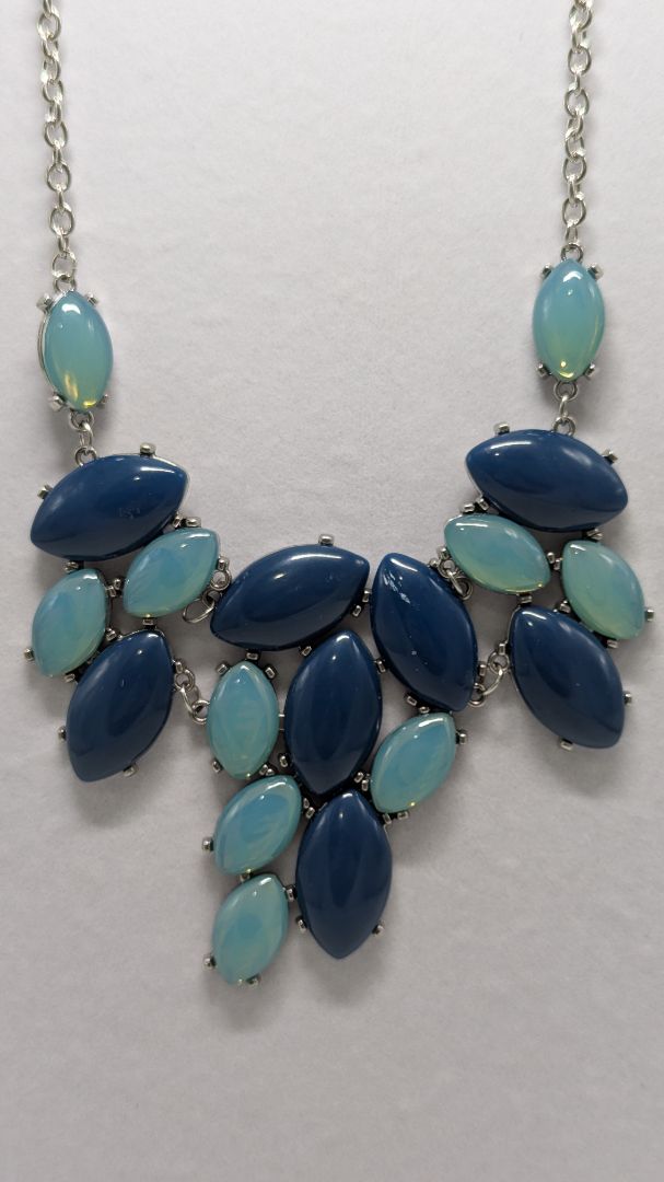 Vintage Silver/Blue Faux-Crystal Almond Statement Necklace