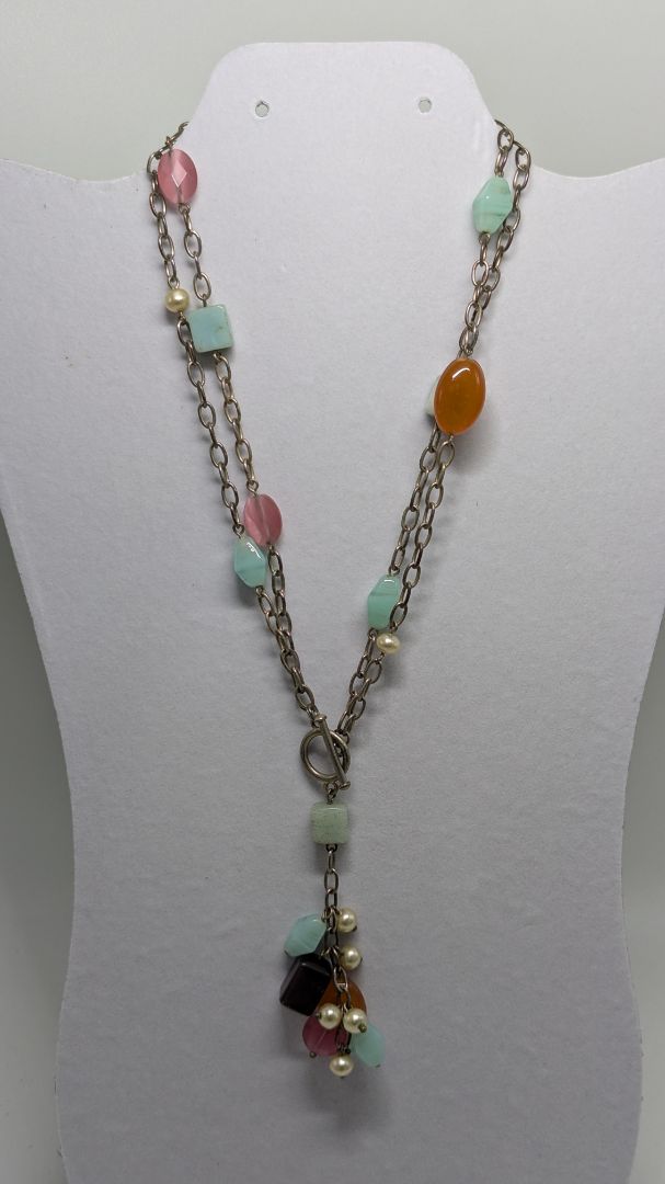 Vintage Silver/Red/Green Beaded Chain Statement Necklace