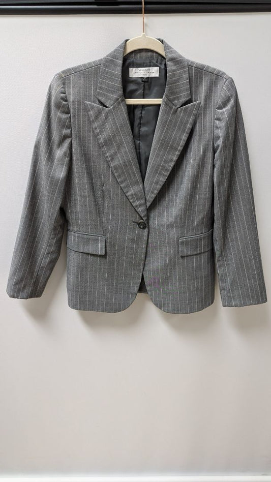 Tahari Grey Striped 1-Button Wool-Blend Blazer