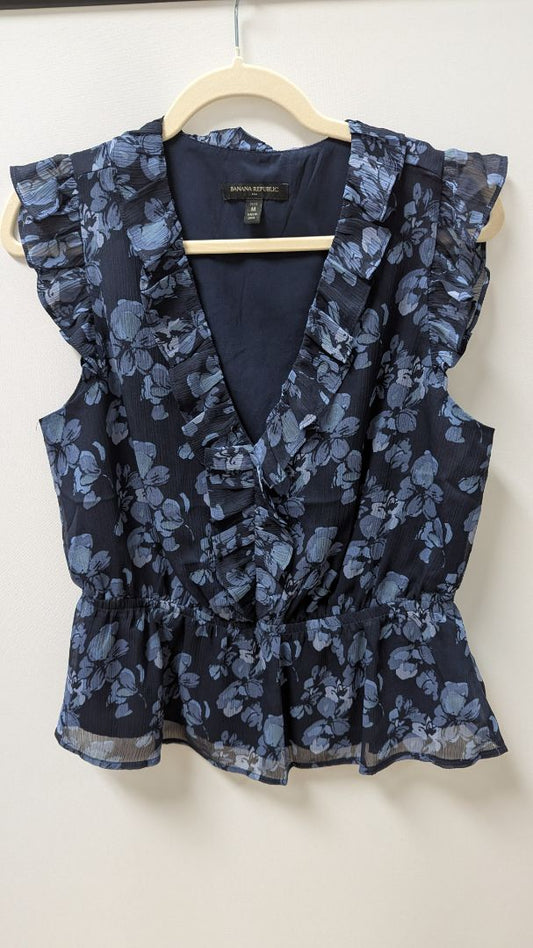 Banana Republic Navy Blue Floral Ruffled Blouse