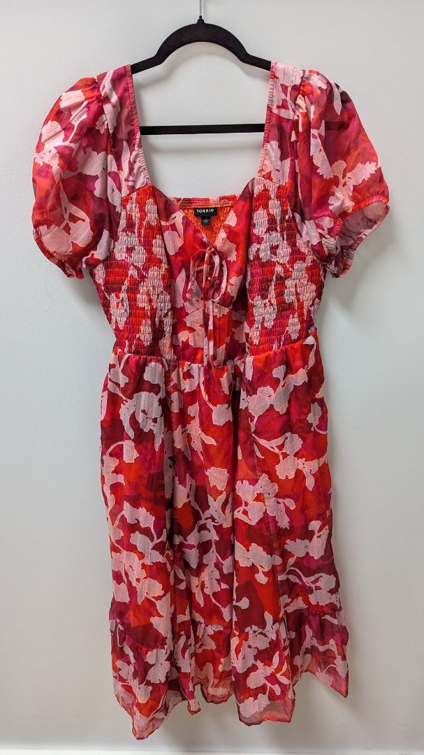 Torrid Red/White Floral Clip Dot Lace-Up Smocked Midi Dress