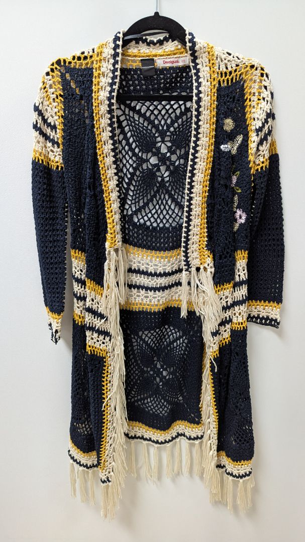 Desigual Navy/Yellow/Cream Crochet Fringed Cardigan