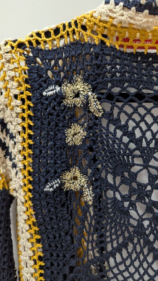 Desigual Navy/Yellow/Cream Crochet Fringed Cardigan