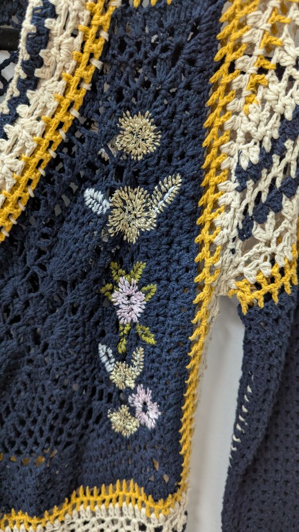 Desigual Navy/Yellow/Cream Crochet Fringed Cardigan