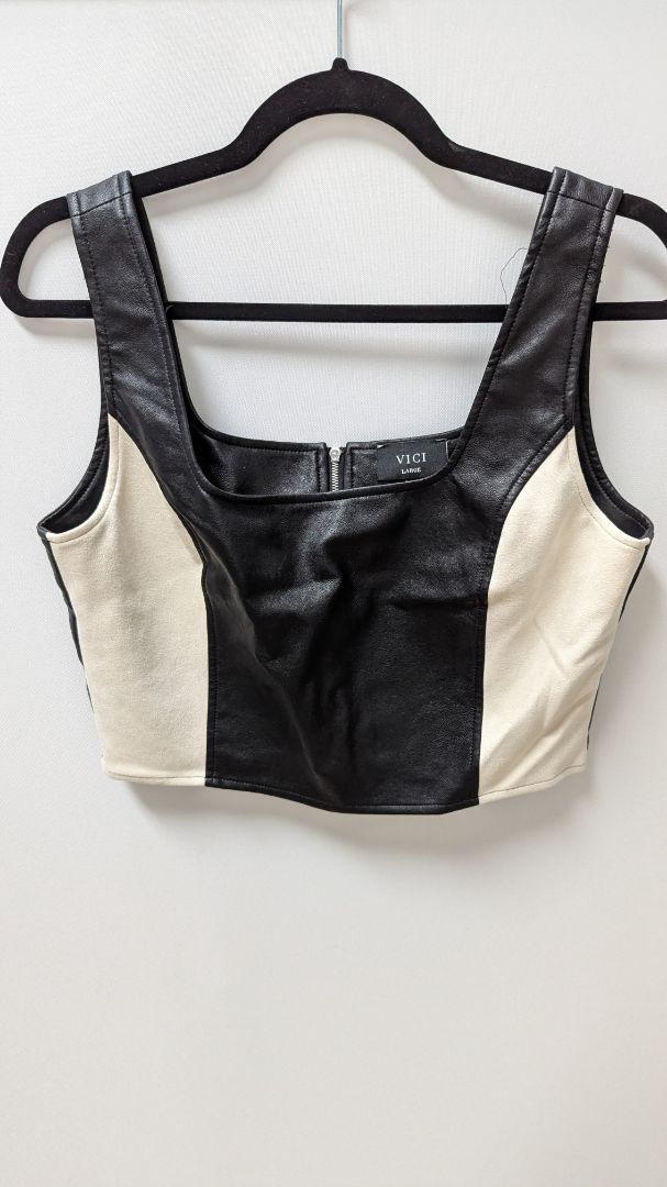 VICI Black/Cream Faux-Suede & Faux Leather Panel Crop Top