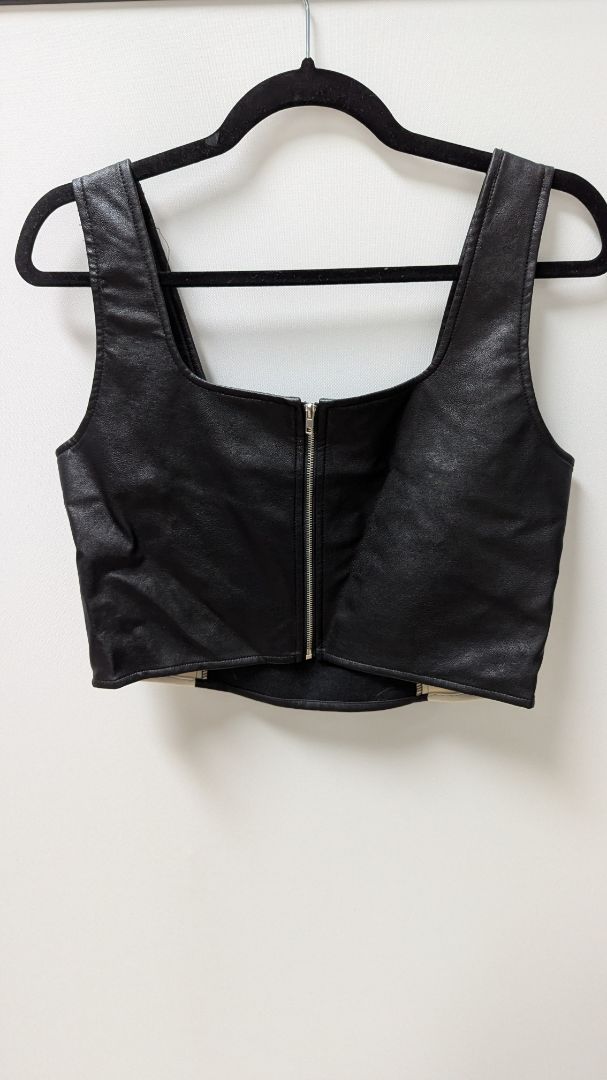 VICI Black/Cream Faux-Suede & Faux Leather Panel Crop Top