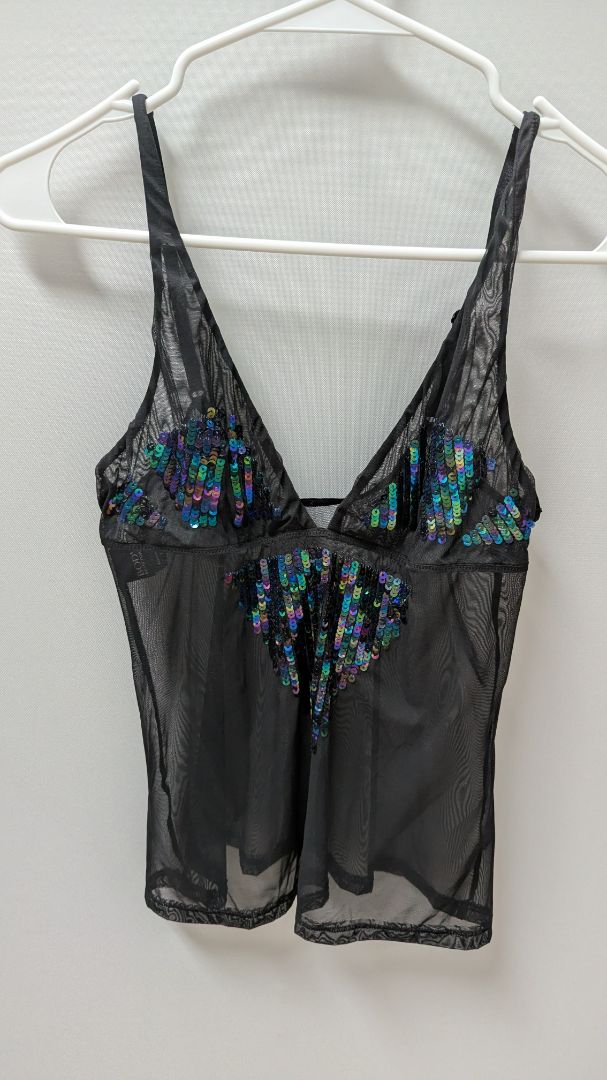 Body by Victoria Black/Blue Mesh Sequin Tank & Thong Set