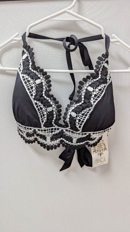 BECCA by Rebecca Virtue Black/White Lace Trim Bikini Top