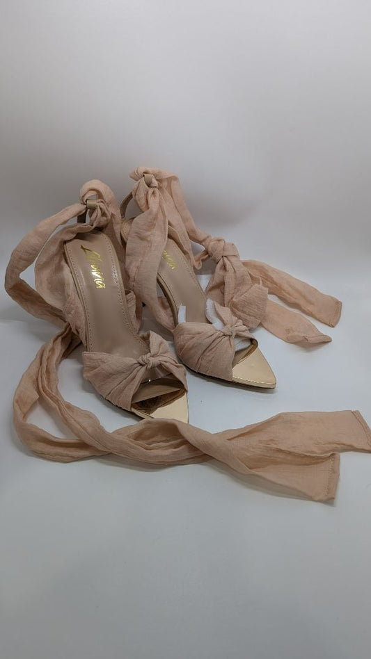 Liliana Beige Tie-Up Metallic Toe Heeled Sandals