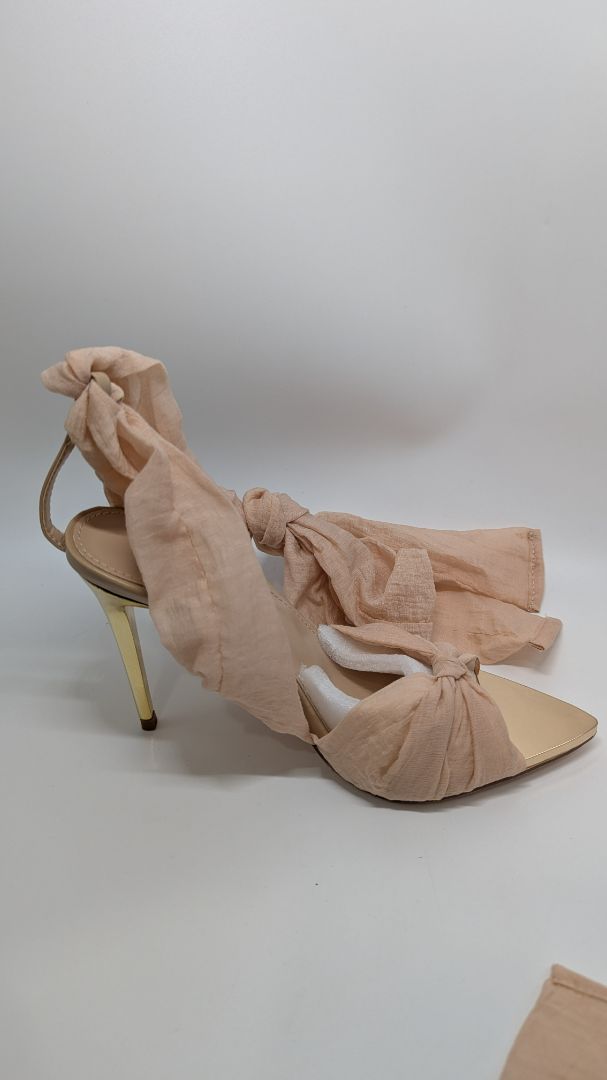 Liliana Beige Tie-Up Metallic Toe Heeled Sandals