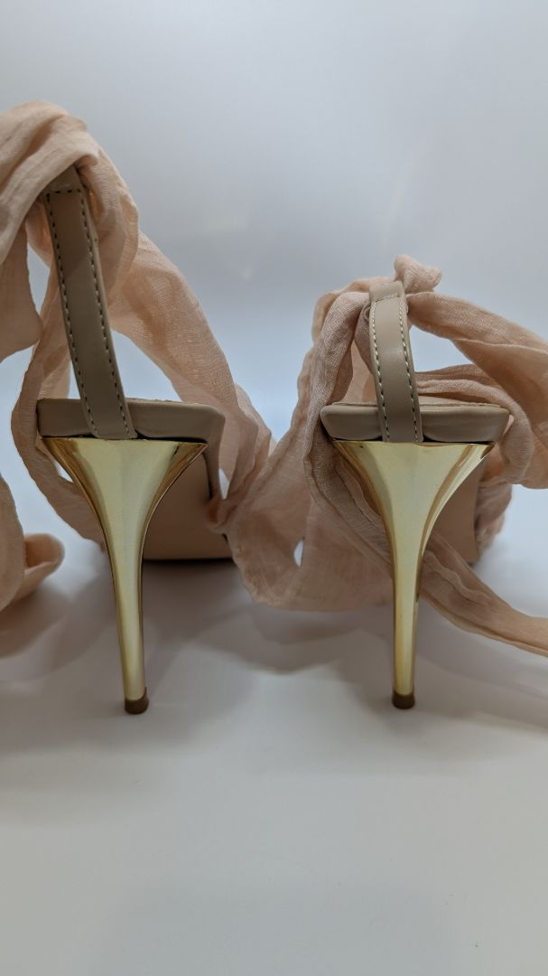 Liliana Beige Tie-Up Metallic Toe Heeled Sandals