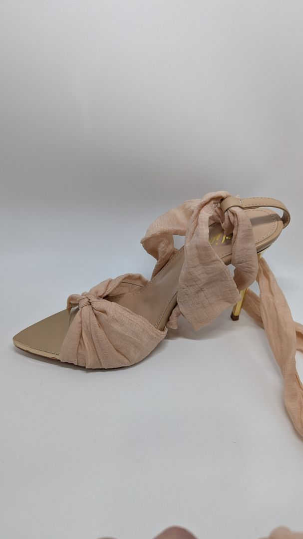 Liliana Beige Tie-Up Metallic Toe Heeled Sandals